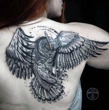 Flying Grey Owl Tattoo Womens Back