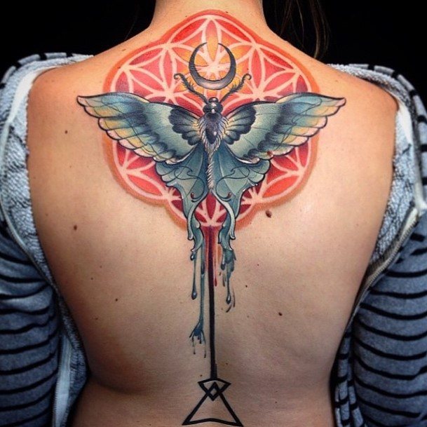 Flying Moth Brilliant Back Tattoo For Women