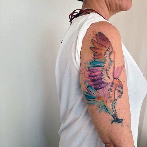Flying Rainbow Owl Tattoo For Women