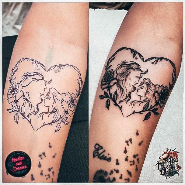 Forearm Black And Grey Heart Portrait Tattoo Ideas Beauty And The Beast Design For Girls