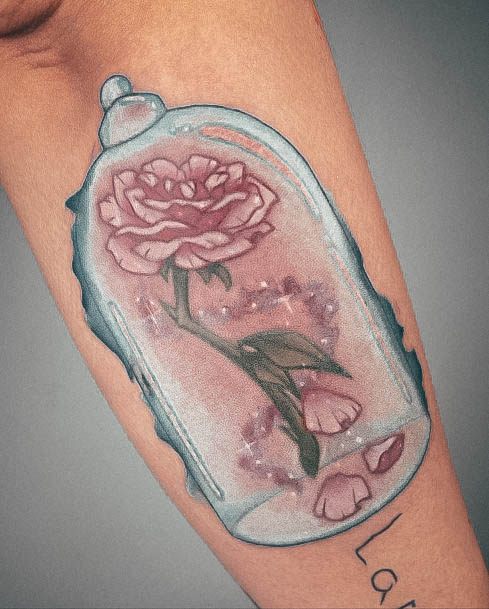 Forearm Frozen Glass Dome Pink Beauty And The Beast Tattoo For Ladies