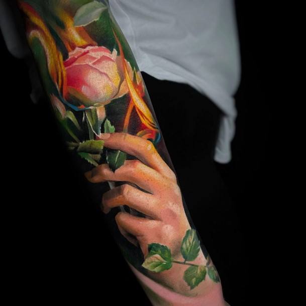 Forearm Sleeve 3d Hand Holding Flower Stem Womens Girly Tattoo Design Ideas