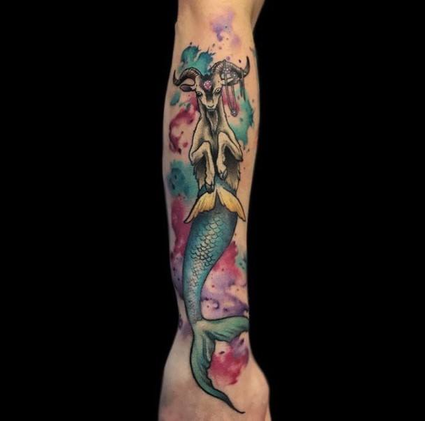 Forearm Watercolor Capricorn Tattoo Designs For Women