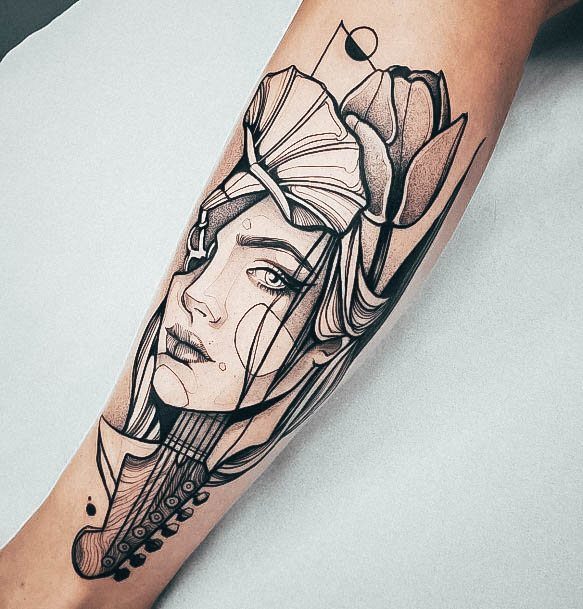 Forearm White And Grey Ink Beautiful Guitar Tattoo Design Ideas For Women