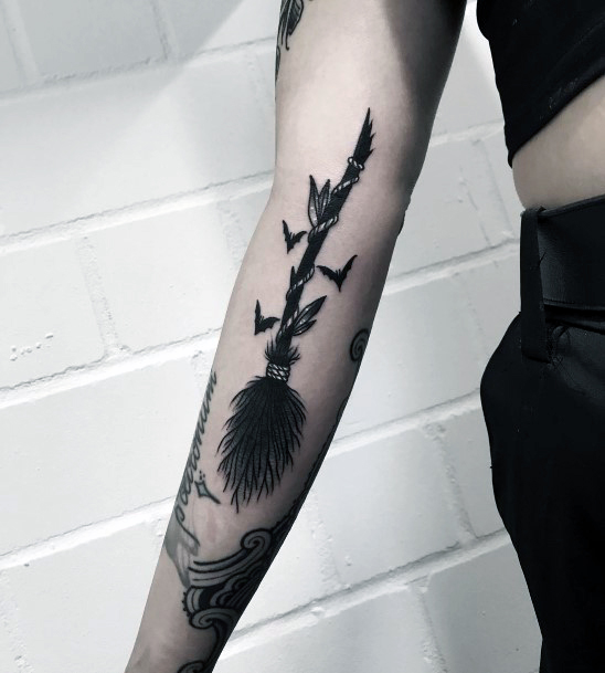 Forearm Witch Broomstick Tattoo Designs For Women