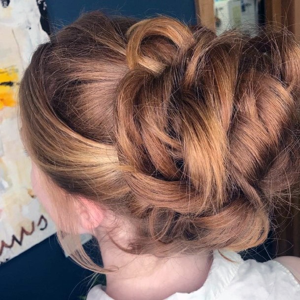 Formal Hairstyle On Auburn Hair Large Curl Buns In Mid Head