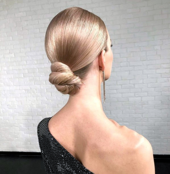 Formal Hairstyle Slick Smooth Pullback Into Traditional Low Neck Bun