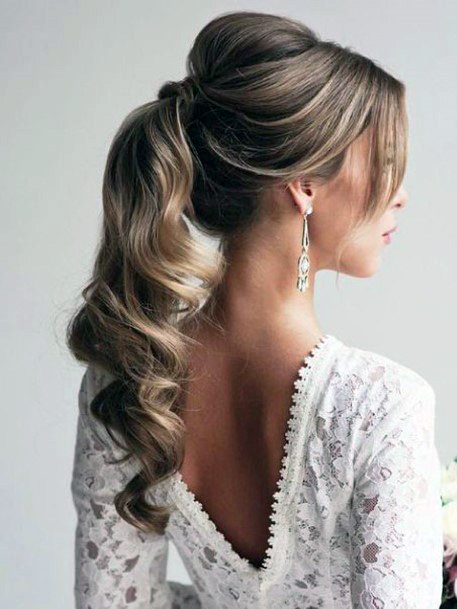 Formal Updo Classy Ponytail With Long Front Bangs And Large Curl Ponytail