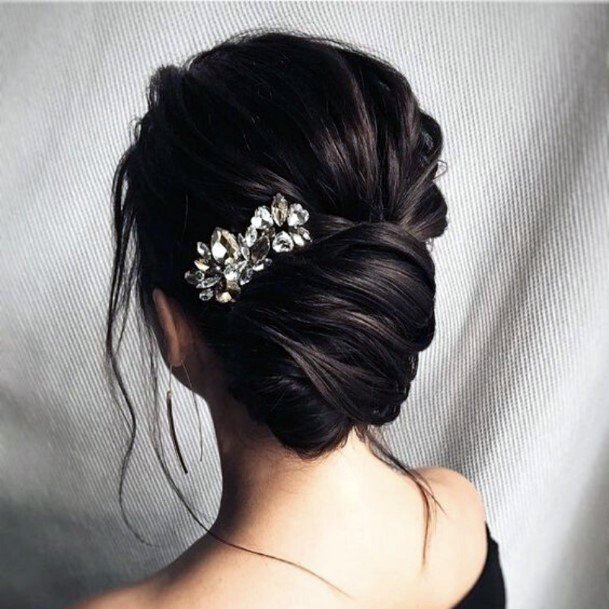 Formal Updo For Prom Slick Pull Back Low Traditional Bun Crystal Barrette