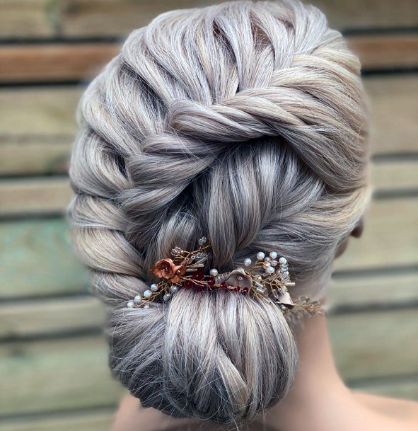 Formal Updo Icy Gray Loose Braid With Elegant Hair Pins