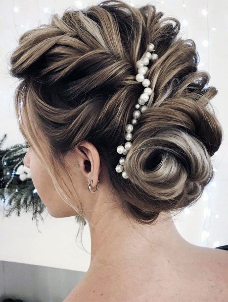 Formal Updo Light Brown Hair Twist Into Pearl Accents