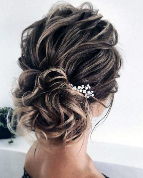 Formal Updo On Chocolate Brown Hair With Blonde Highlights Into Curled Bun