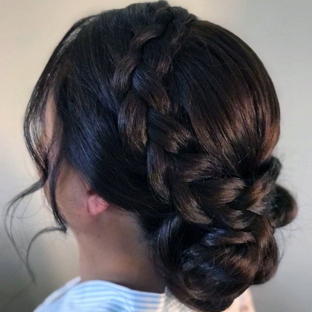 Formal Updo On Dark Brown Hair Thick Crown Braid Into Low Bun