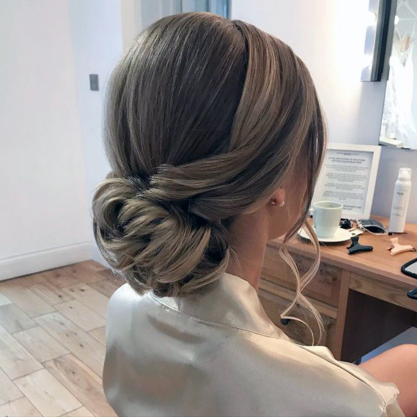 Formal Wedding Updo Straight Hair Pulled Back To Low Bun