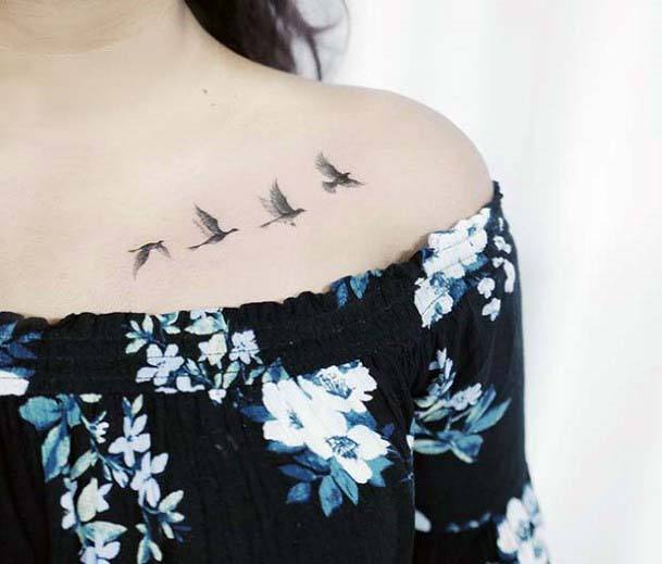 Four Birds Tattoo Womens Collarbone