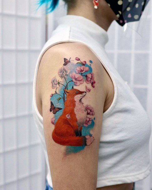 Fox And Cherry Blossom Tattoo For Women Arms