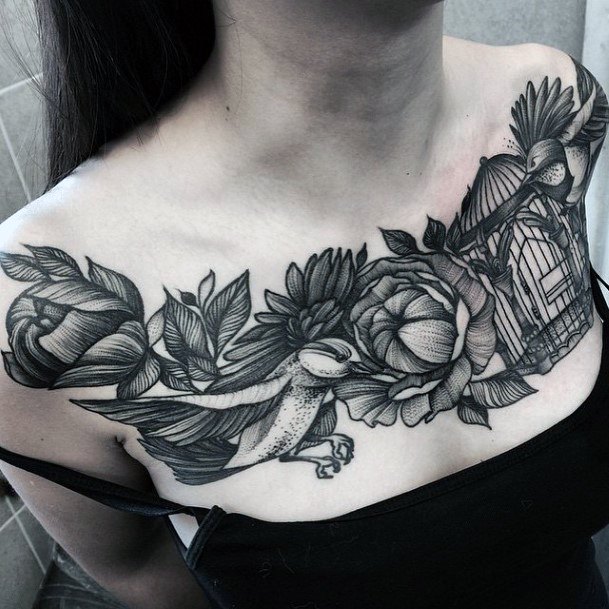 Free Bird And Cage With Flower Tattoo For Women