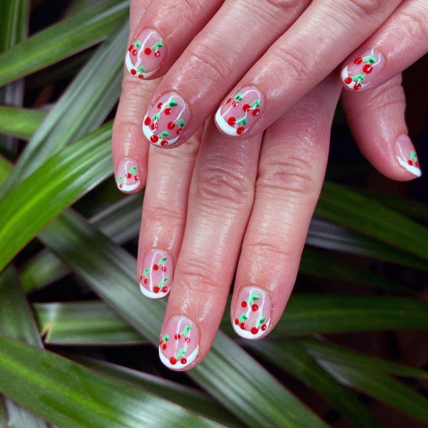 French Manicure Nails With Cherry Art For Women