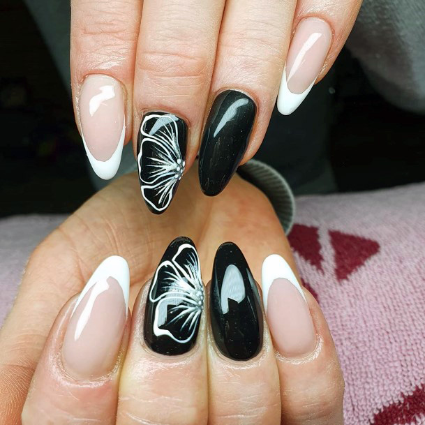 French Tipped Black Butterfly Pattern Almond Nails