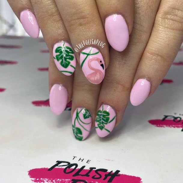 Fresh Green Leaves And Flamingo Pink Nails Women