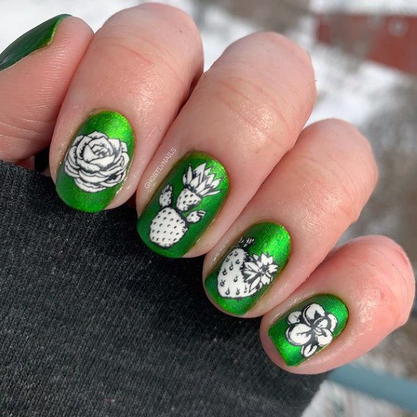 Fresh Green Nails Cactus And Flowers Women