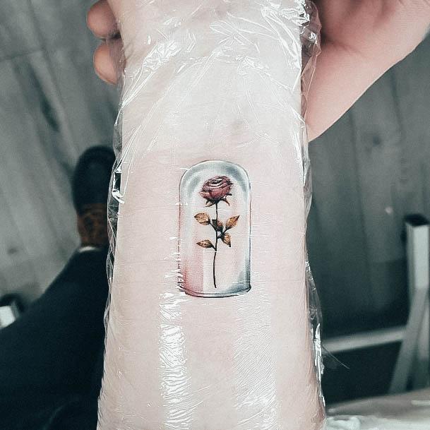 Fresh Tiny Forearm Rose In Glass Dome Simple Beauty And The Beast Tattoo For Women