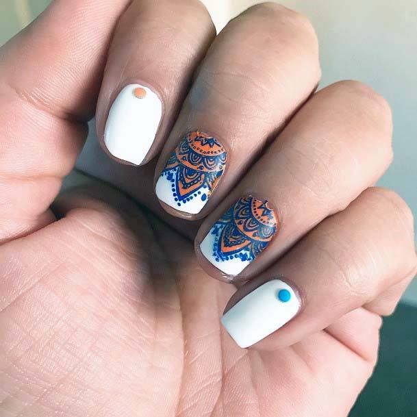 Fresh White Nails With Blue And Orange Tribal Art For Women