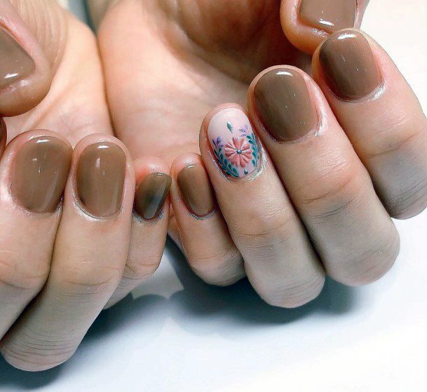 Frosted Chocolate Brown Nails With Flower Art Women