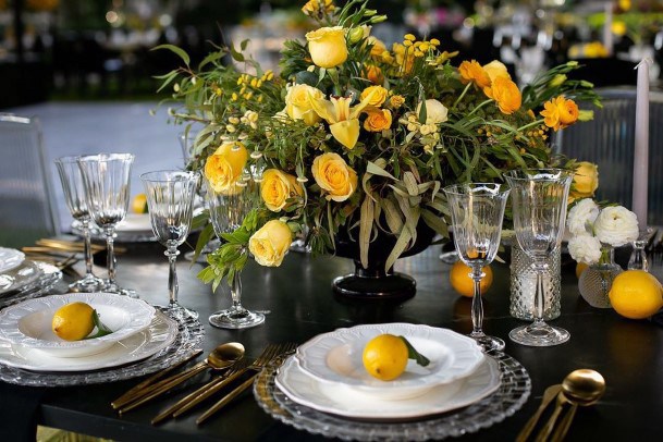 Fruity Yellow Themed Wedding Flowers And Table