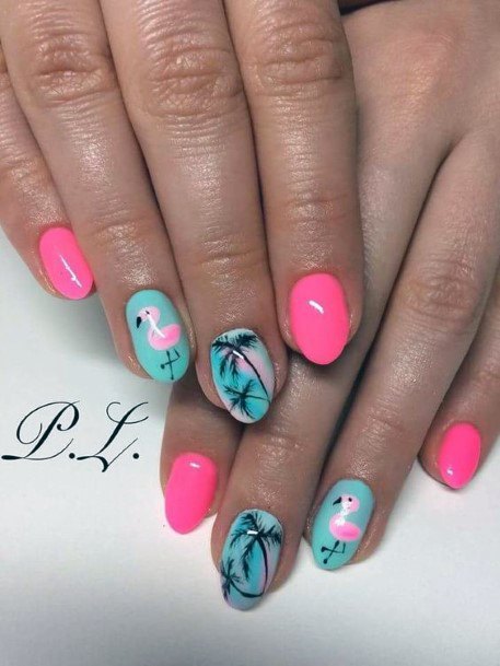 Fuchsia Pink And Blue Palm Tree And Flamingo Nails