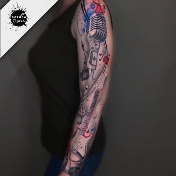 Full Arm Sleeve Incredible Guitar Themed Tattoo For Ladies