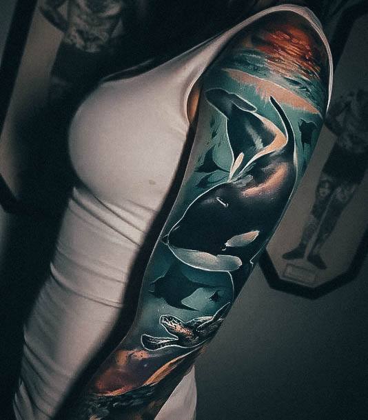 Full Arm Sleeve Nice Turtle Tattoos For Women