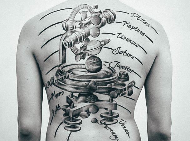 Full Back Planetary Womens Tattoo Ideas With Microscope Design