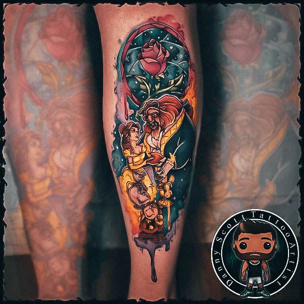 Full Color Calf Female Cool Beauty And The Beast Tattoo Design