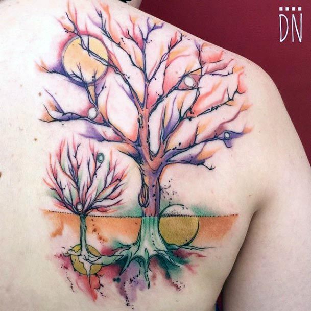 Full Moon And Tree Roots Water Color Tattoo Womens Back