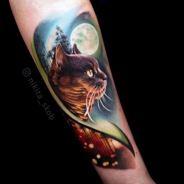 Full Moon Night And Brown Cat Tattoo For Women