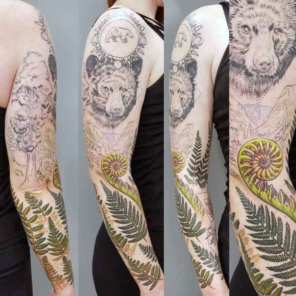 Full Sleeves Women Bear And Leaves Tattoo