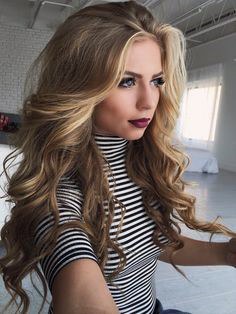 Full Volume Hairstyle Long Large Curls Center Part Sandy Blonde