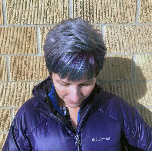 Fun Purple Blue Highlights Pixie Hairstyles For Older Women