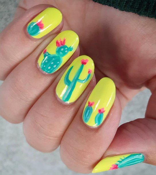 Funky Yellow Bright Cactus Nails Women