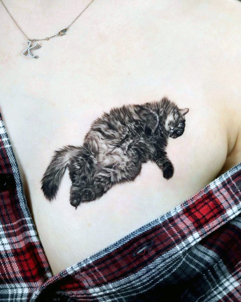 Furry Black Cat Tattoo Womens Chest