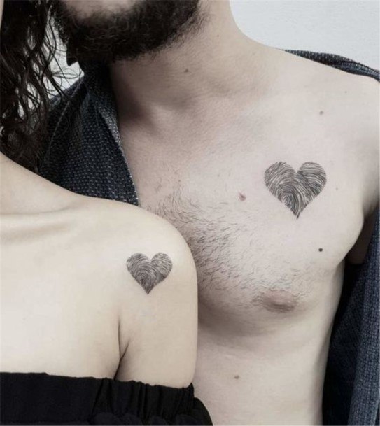 Furry Heart Couple Tattoo On Shoulders