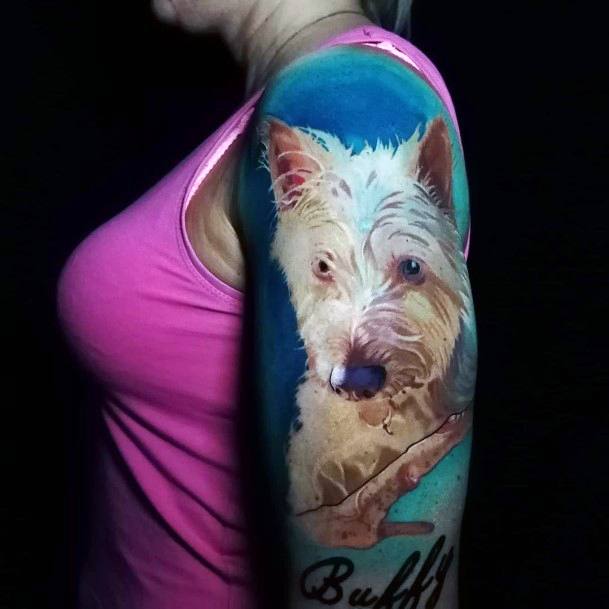 Furry White Dog Tattoo For Women Arms