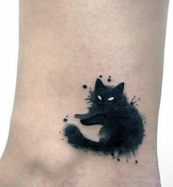 Fuzzy Black Cat Ankle Tattoo For Women Ink Blot