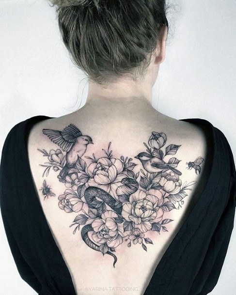 Garden Of Flowers Bird And Snake Tattoo Womens Back