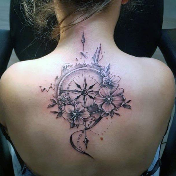 Gathered Flowers And Compass Tattoo Womens Back
