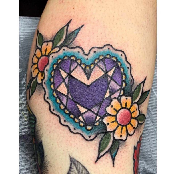 Gemmed Heart And Floral Tattoo Womens American Traditional