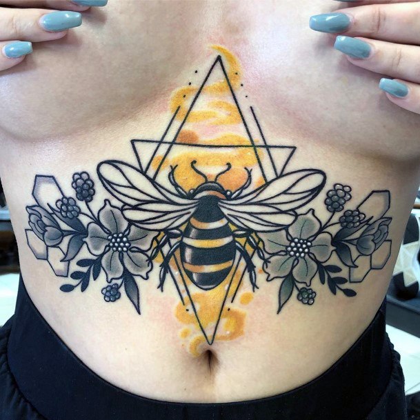 Geometric Art Bee And Flowers Tattoo Womens Stomach