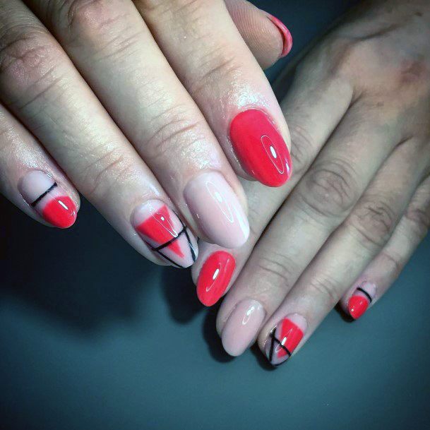 Geometric Art Red Orange Nails For Women