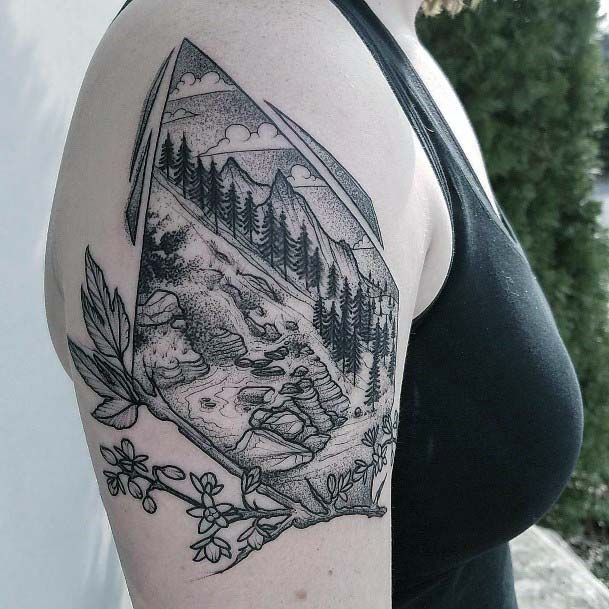 Geometric Diamond Shaped Scenery Tattoo Womens Upper Arms